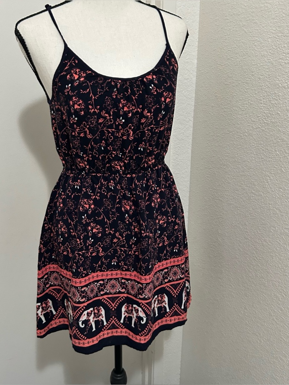 J for Justify Navy Dress with Pink Floral Print & Elephant Border Boho Chic S